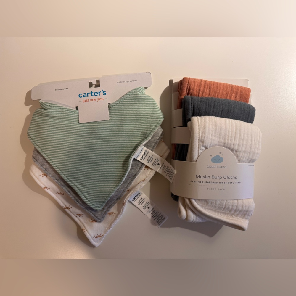 3 Bandana Bibs by Carter & 3 Muslin Burp Cloths by Cloud Island